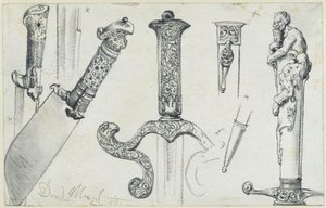 En græsningskniv fra slutningen af det 16. århundrede, et jagtværd fra første halvdel af det 17. århundrede samt »Permoser«-hjortekniven fra begyndelsen af det 18. århundrede, Historisk Museum, Dresden af Adolph Menzel