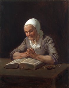Gammel kvinde læser (olie på panel) af Adolph Tidemand