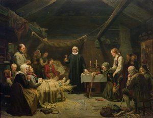 Den syge Bjørnejæger. Det sidste sakramente af Adolph Tidemand
