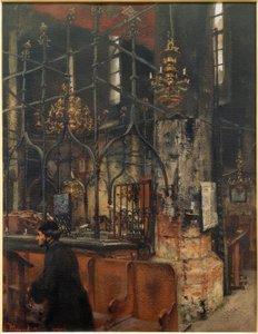 Det indre af den gamle-nye synagoge i Prag af Adolph Menzel