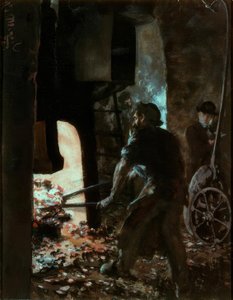 Selvportræt med en arbejder ved damphammeren af Adolph Menzel