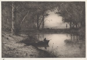 En fisker i en skovklædt dam om aftenen af Adolphe Appian