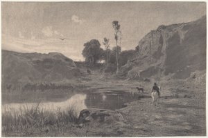 En rytter ved en bjergdam ved solnedgang af Adolphe Appian