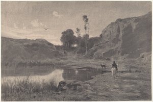 En rytter ved en bjergsø ved solnedgang af Adolphe Appian