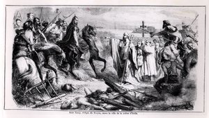 St. Loup forsvarer byen Troyes mod Hunneren Attila (ca. 406-453) på sin hest, illustration fra Frankrigs historie, 2. halvdel af 1800-tallet (bw foto) af Adolphe Francois Pannemaker