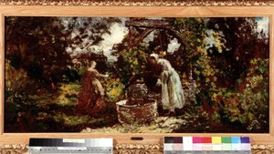 En elegante og hendes tjenestepige ved brønden Maleri af Adolphe Monticelli (1824-1886) Dim. 34,5x69,5 cm Obligatorisk omtale: Samlingsstiftelsen hilsen Provence, Marseille af Adolphe Joseph Thomas Monticelli