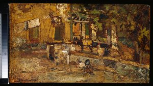Gårdgård med et æsel og haner af Adolphe Joseph Thomas Monticelli
