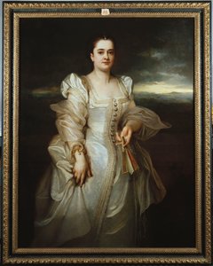 Portræt af en dame iført en hvid kjole broderet med perler af Adolphe Joseph Thomas Monticelli