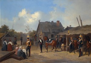 ""Soldater Bivouac In A Village"" (Soldater bivuacker i en landsby) Maleri af Adolphe Ladurner (1798-1856)
