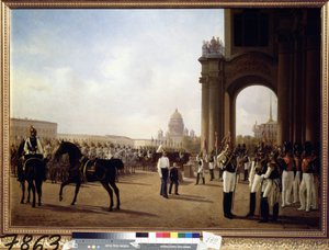 Militærparade på Slotspladsen i Sankt Petersborg (Parade på Slotspladsen i Sankt Petersborg). Maleri af Adolphe Ladurner (1798-1856), olie på lærred