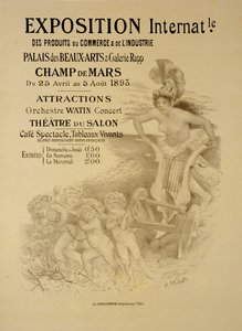 Gengivelse af en plakat, der reklamerer for en international udstilling af kommercielle og industrielle produkter, Palais des Beaux-Arts og Galerie Rapp, Champ de Mars, Paris, 1893