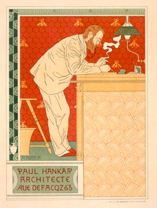 Reproduktion af en plakat, der reklamerer for Paul Hankars arkitektfirma, 1894 af Adolphe Louis Charles Crespin