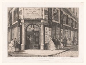 Udsigt over Cadart og Luquet-forretningen med damer og herrer ved butiksvinduerne Siège de la société des Aquafortistes (titel på objektet) Eaux-Fortes Modernes: Originales et Inédites (serietitel)