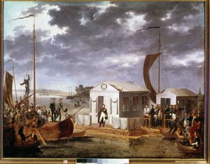 Interview af Tilsit (Tilsitt) mellem Napoleon I og zar Alexander I af Rusland ved Niemen-floden den 25. juni