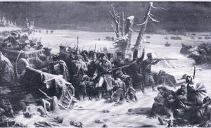 Marshal Ney støtter bagvagten under tilbagetoget fra Moskva, illustration fra Landmarks in European History udgivet af Gresham Publishing Co, ca. 1920 (litho) af Adolphe Yvon