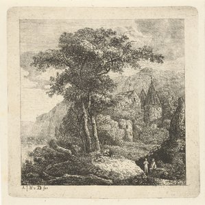 Bjerglandskab med træer, slot og to figurer af Adriaan Jacob Willem van Dielen