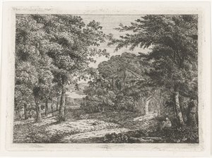 Landskab med kapel blandt træer og munkelæsning af Adriaan Jacob Willem van Dielen
