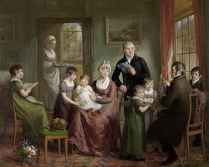 Portræt af Adrianus Bonebakkers familie med Dirk L. Bennewitz Portræt af familien til Adrianus Bonebakker og hans partner D.L. Bennewitz af Adriaan de Lelie (signed by artist)