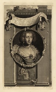 Elisabeth Stuart, dronning af Bøhmen, kurfyrst af Pfalz, hustru til Frederik V, Vinterkongen. Elisabeth, Reine de Boheme. I kjole med ganske skårne ærmer, blondekrave med perler. Vignette af kvinde, der overvejer en falden krone. Kobberstik gravering