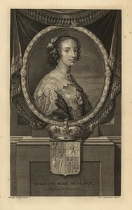 Henrietta Maria Ranskasta, Englannin kuninkaan Kaarle I:n vaimo. Henriette Marie de France. Mekossa pitsikaulus, helmikaulakoru. Kruunu ja vaakuna. Charles Simonneaun kuparikaiverrus Adriaen van der Werffin mukaan Isaac de Larreyn teoksesta H