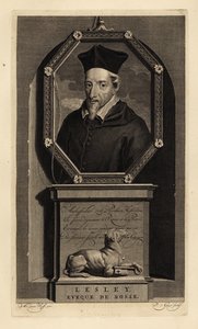 John Lesley, skotsk historiker og biskop af Ross. biskop af Rosse. Hund med nøgle. Kobberstik af Pieter Stevens van Gunst efter Adriaen van der Werff fra Isaac de Larreys Histoire d