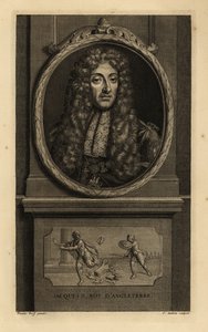 Englannin kuningas James II, Skotlannin James VII, Jacques II Roy d’Angleterre. Peruukki, pitsihuivi, ketju Pyhän Yrjön ja lohikäärmeen hahmolla. Vinjetti näyttää Rooman keisarin menettävän kruununsa sotilaalle. Jean Audranin kuparikaiverrus mainoksen jälk