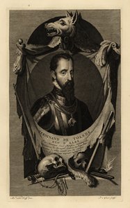Portræt af Ferdinand Alvarez de Toledo y Pimentel, 3. hertug af Alba, eller jernhertugen. I rustning med kæde af orden af det gyldne skind. Med ulveskind, menneskekranier, sværd, dolk og flintlåspistol. Ferdinand de Tolede, Duc d