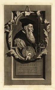 Portræt af Stephen Gardiner, biskop af Winchester og politiker. Med våbenskjold. Kobberstik af Pieter Stevens van Gunst efter Adriaen van der Werff fra Isaac de Larreys Histoire d