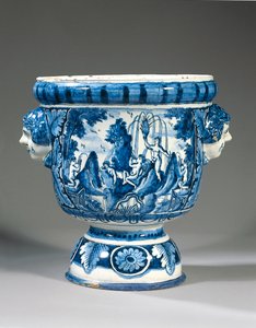 Delft blå og hvid togrebet mytologisk piedestal haveurne af Adriaen (fl.1868 d.1701) (attr.to) Kocks