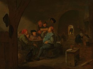 Drinking Bout in a Tavern, ca. 1700 (olie på panel) af Adriaen (follower of) Brouwer