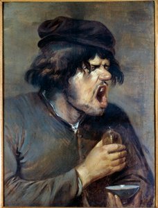 Den dårlige læge En mand, der klatrer, mens han drikker en medicin. Maleri af Adrian Brouwer (1605-1638) (ec.flam.) 1600-tallets Dijon, Musee des Beaux Arts