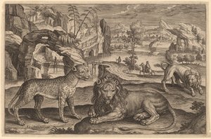 En leopard og to løver af Adriaen Collaert