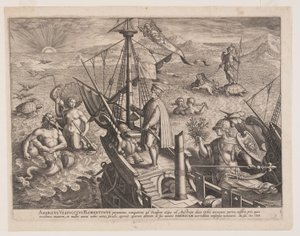 Amerigo Vespucci på sit skib, fra Americae Retectio (Opdagelsen af Amerika) af Adriaen Collaert