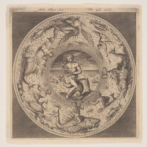 Arion på en delfin omgivet af en kant dekoreret med havdyr, fra et sæt design til tallerkener (Fonds de Coupe) af Adriaen Collaert