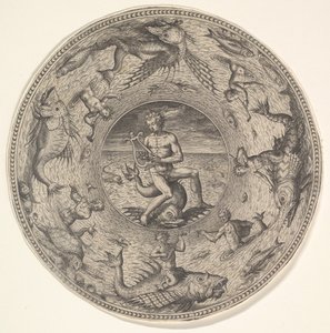 Arion på en delfin omgivet af en grænse dekoreret med havdyr, fra et sæt af..., 1580-1600. af Adriaen Collaert