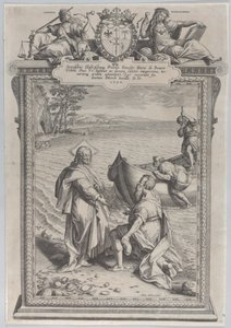 Kristus kalder Sankt Andreas, som knæler foran ham på en strand, og Sankt Peter, der klatrer..., 1590. af Adriaen Collaert