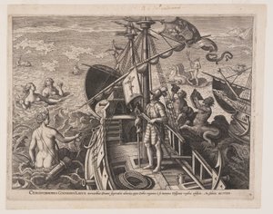 Christoffer Columbus på sit skib, fra Americae Retectio (Opdagelsen af Amerika) af Adriaen Collaert