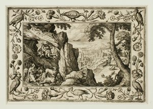 Daniel i løvens hule, fra Landskaber med scener fra Det Gamle og Det Nye Testamente og Jagtscener af Adriaen Collaert