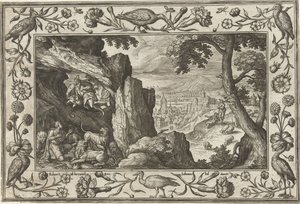 Daniel i løvens hule Landskaber med bibelske, mytologiske scener og jagtscener (serietitel) af Adriaen Collaert