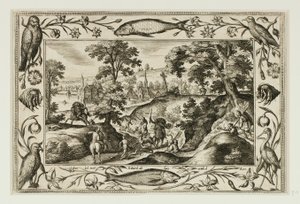 Hjortejagt, fra Landskaber med scener fra Det Gamle og Det Nye Testamente og Jagtscener af Adriaen Collaert