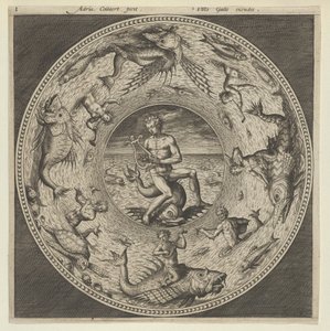 Design til en tallerken med Arion, der rider på en delfin i en medaljon omkranset af havmonstre..., c1600. af Adriaen Collaert