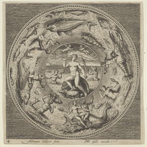 Design til en tallerken med Galatea på en skal flankeret af trompetister i en medaljonkant..., c1600. af Adriaen Collaert