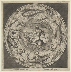 Design til en tallerken med Neptun i en skal tegnet af heste i en medaljon omkranset af ..., c1600. af Adriaen Collaert