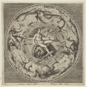Design til en tallerken med Thetis på en skal i en medaljon omkranset af havmonstre, c1600. af Adriaen Collaert