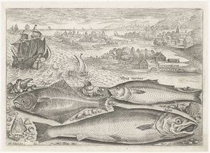 Tre fisk på stranden Fiskeri (serietitel) Piscium vivae-ikoner (serietitel) af Adriaen Collaert