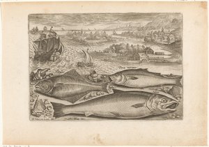 Tre fisk på stranden Fiskeri (serietitel) Piscium vivae-ikoner (serietitel) af Adriaen Collaert