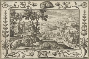 Juda og Tamar Landskaber med bibelske, mytologiske scener og jagtscener (serietitel) af Adriaen Collaert