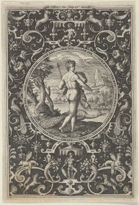 Juno i en dekorativ ramme med grotesker, fra dommen i Paris, ca. 1580-..., c1580-1600. af Adriaen Collaert