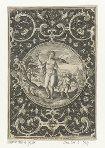 Medaljon med Venus og Amor i en grotesk ramme med blomster, guirlander, dyr og mascarons Medaljoner med figurer fra Judgment of Paris (serietitel) af Adriaen Collaert