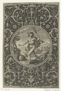 Medaljon hvori Mercury med sin stav i hånden Medaljoner med figurer fra Judgment of Paris (serietitel) af Adriaen Collaert